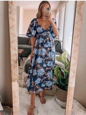 Abercrombie & Fitch Angel Sleeve Twist front Blue Floral Midi Dress Babydoll M